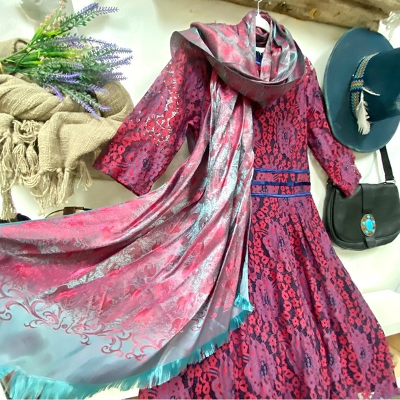 ✨ Enchanting SILK Pink and Teal SCARF/body wrap w Gypsy southwestern vibe - Picture 6 of 16